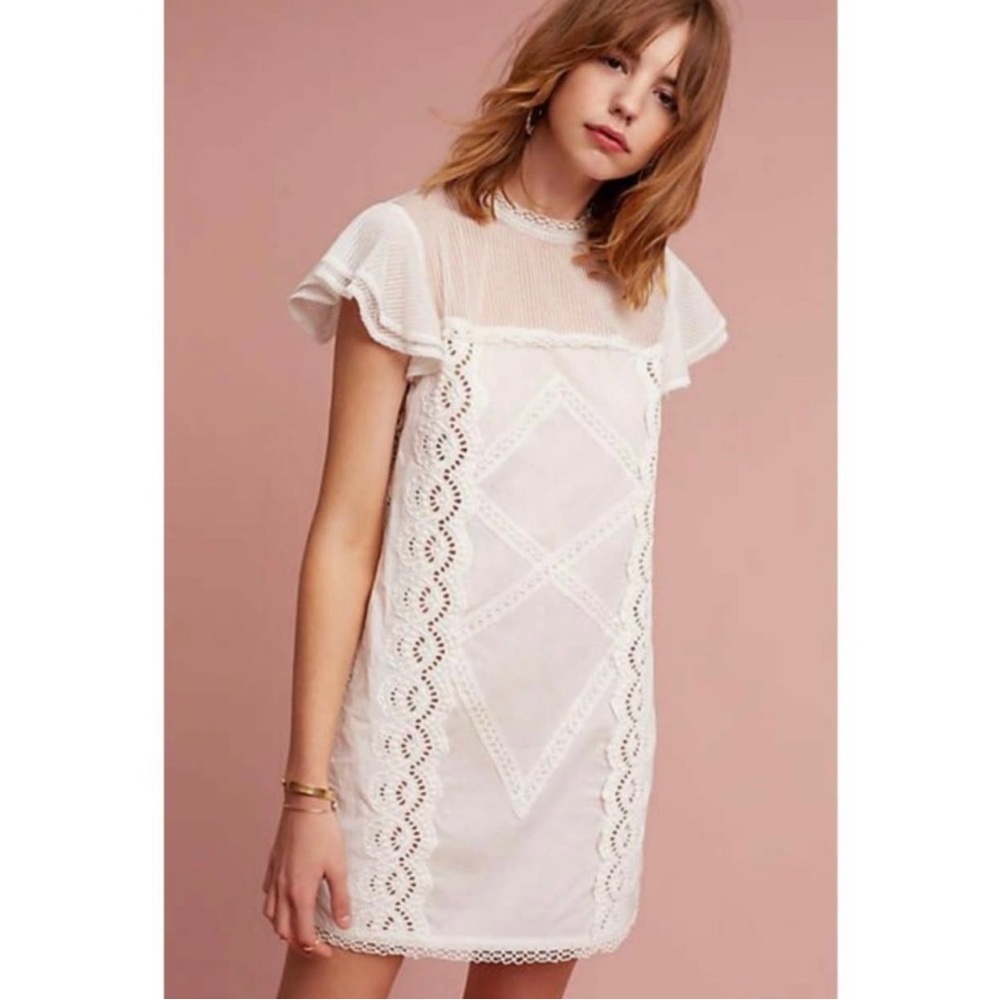Tularosa Clayton Cloud White Lace Crochet Sheer High Neck Cotton Mini Dress Sz M